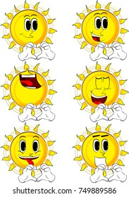 Cartoon sun with heart shape hand gesture. Collection with happy faces. Expressions vector set.