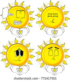 Cartoon sun with heart shape hand gesture. Collection with sad faces. Expressions vector set.