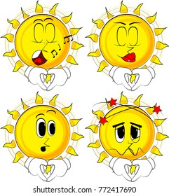 Cartoon sun with heart shape hand gesture. Collection with various facial expressions. Vector set.