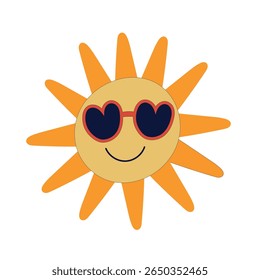 Sol de desenho animado com óculos de sol de coração e rosto sorridente no estilo de verão isolado no fundo branco