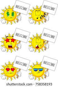 Cartoon sun holding a banner with welcome text. Collection with various facial expressions. Vector set.