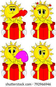 Cartoon sun holding big gift box. Collection with various facial expressions. Vector set.