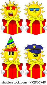 Cartoon sun holding big gift box. Collection with costume. Expressions vector set.