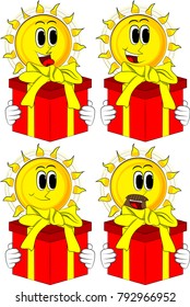 Cartoon sun holding big gift box. Collection with happy faces. Expressions vector set.