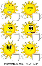 Cartoon sun holding big mug. Collection with angry faces. Expressions vector set.