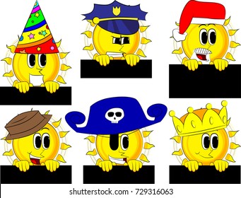 Cartoon sun holding blank black sign. Collection with costume. Expressions vector set.
