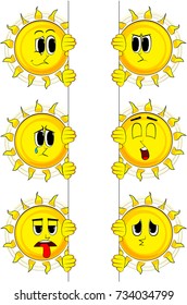 Cartoon sun holding blank sign. Collection with sad faces. Expressions vector set.