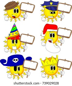 Cartoon sun holding blank sign. Collection with costume. Expressions vector set.