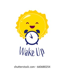 Cartoon sun holding a clock. Wake up poster. Flat style. Vector.
