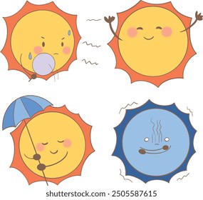 cartoon sun holding a cooling fan and cartoon sun with arms up and smiling and cartoon sun with umbrella on transparent background and cartoon sun feels cold