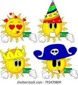Cartoon sun holding credit card. Collection with costume. Expressions vector set.
