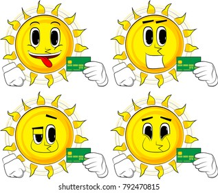 Cartoon sun holding credit card. Collection with happy faces. Expressions vector set.