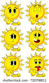 Cartoon sun holding a cup of coffee. Collection with sad faces. Expressions vector set.