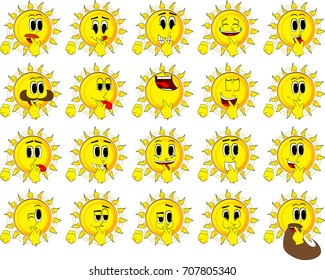 Cartoon sun holding finger front of his mouth. Collection with happy faces. Expressions vector set.