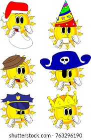 Cartoon sun holding his fists in front of him ready to fight. Collection with costume. Expressions vector set.