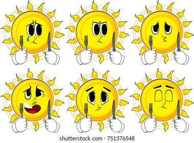 Cartoon sun holding up a knife and fork. Collection with sad faces. Expressions vector set.