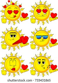 Cartoon sun holding red heart in his hand. Collection with various facial expressions. Vector set.