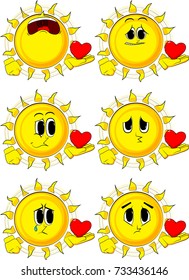 Cartoon sun holding red heart in his hand. Collection with sad faces. Expressions vector set.