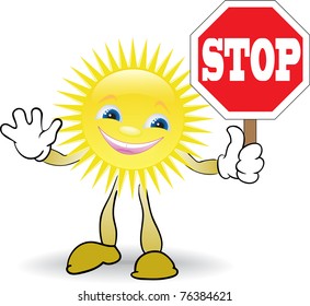cartoon sun holding red STOP sign