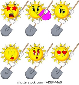Cartoon sun holding a shovel. Collection with various facial expressions. Vector set.