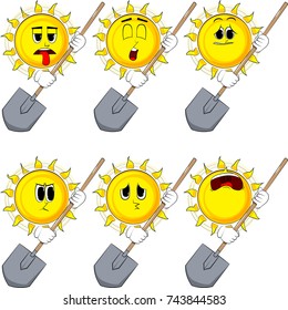 Cartoon sun holding a shovel. Collection with sad faces. Expressions vector set.