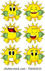 Cartoon sun holding or showing money bills. Collection with happy faces. Expressions vector set.