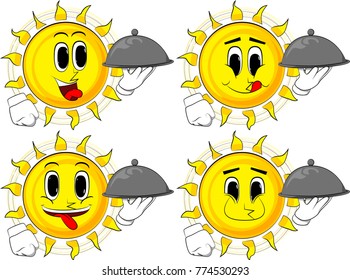 Cartoon sun holding silver cloche in hand. Collection with happy faces. Expressions vector set.