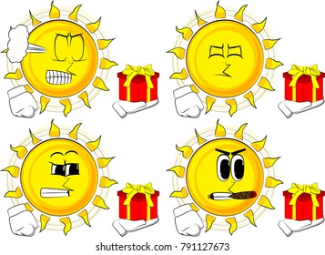 Cartoon sun holding small gift box. Collection with angry faces. Expressions vector set.
