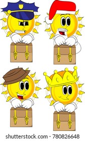 Cartoon sun holding small suitcase. Collection with costume. Expressions vector set.