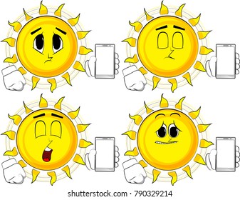 Cartoon sun holding smartphone with blank white screen. Collection with sad faces. Expressions vector set.