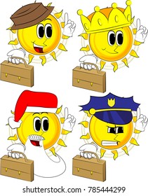 Cartoon sun holding suitcase and making a point. Collection with costume. Expressions vector set.