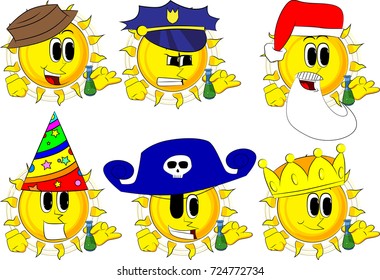 Cartoon sun holding a test tube. Collection with costume. Expressions vector set.