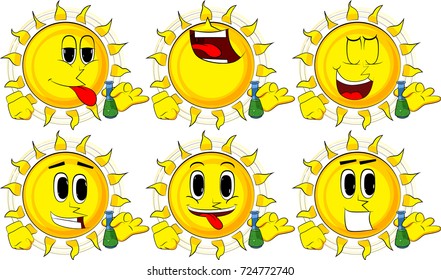 Cartoon sun holding a test tube. Collection with happy faces. Expressions vector set.