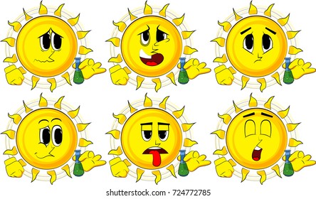 Cartoon sun holding a test tube. Collection with sad faces. Expressions vector set.