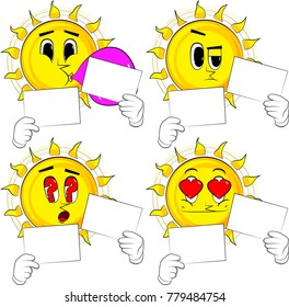 Cartoon sun holding two white paper. Collection with various facial expressions. Vector set.