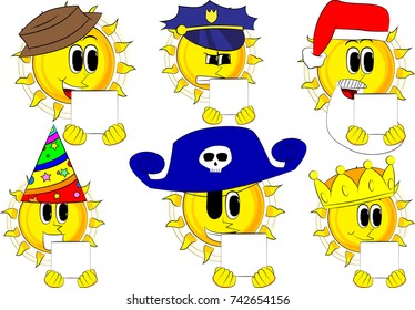 Cartoon sun holding white box. Collection with costume. Expressions vector set.