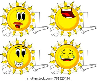 Cartoon sun holding white tall box. Collection with happy faces. Expressions vector set.