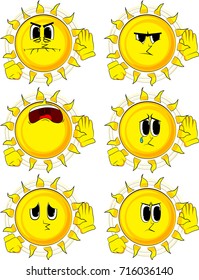 Cartoon sun holds hand at his ear, listening. Collection with sad faces. Expressions vector set.