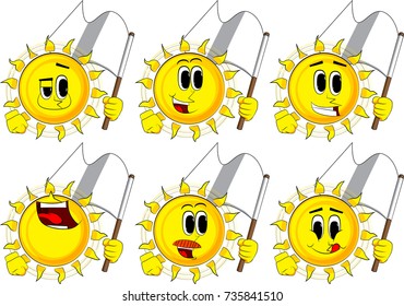 Cartoon sun holds white flag of surrender. Collection with happy faces. Expressions vector set.