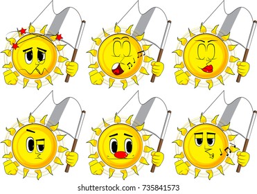 Cartoon sun holds white flag of surrender. Collection with various facial expressions. Vector set.