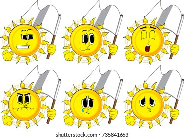 Cartoon sun holds white flag of surrender. Collection with sad faces. Expressions vector set.