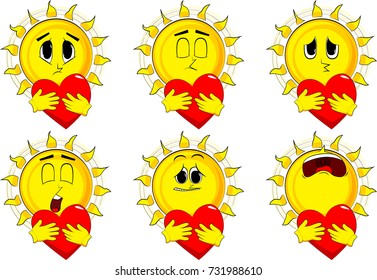 Cartoon sun hugging a big red heart. Collection with sad faces. Expressions vector set.