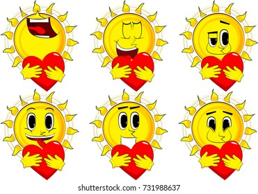 Cartoon sun hugging a big red heart. Collection with happy faces. Expressions vector set.