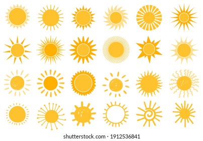 Cartoon sun icon. Flat and hand drawn summer symbols. Sunshine shape logo. Morning sun silhouettes and sunny day weather elements vector set. Bright orange sunlight with beams and rays