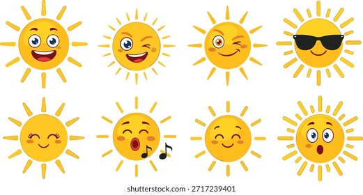 Conjunto de iconos de sol de dibujos animados, caras de sol expresivas