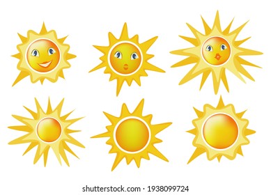 Cartoon sun icon set isolated on white background. Colorful summer symbol for pictogram, weather design, flyer, website, button or sale banner. Funny sun collection with faces. Vector illustration.