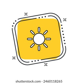 Cartoon sun icon vector illustration. Sunny icon on isolated yellow square background. Sunlight sign concept.