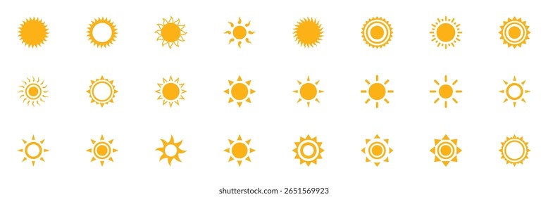 Ícone do Sol do desenho animado. Ícone amarelo do sol definido, sol e brilho solar, nascer ou pôr do sol. Ilustração vetorial gráfica de clipart no plano de fundo branco.