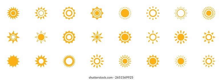 Cartoon sun icon. Yellow sun icon set, sunshine and solar glow, sunrise or sunset. Clipart graphic vector illustration on white background.