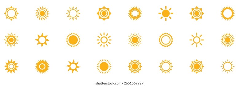 Ícone do Sol do desenho animado. Ícone amarelo do sol definido, sol e brilho solar, nascer ou pôr do sol. Ilustração vetorial gráfica de clipart no plano de fundo branco.
